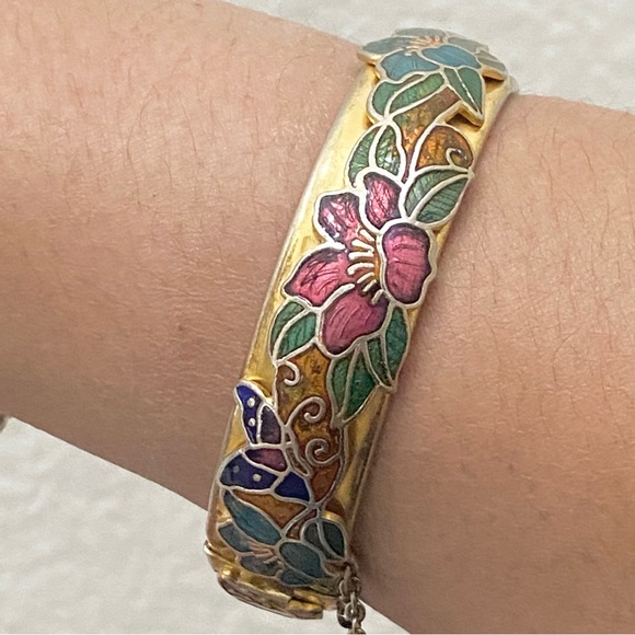 Vintage Unsigned Gold-tone Floral Flower Cloisonne Hinged Bangle Bracelet 36.2g - Picture 2 of 16
